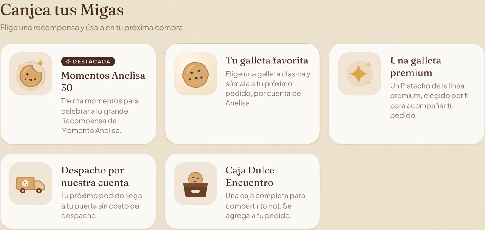 Catálogo Canjea tus Migas con recompensas como tu galleta favorita o despacho por cuenta de Anelisa