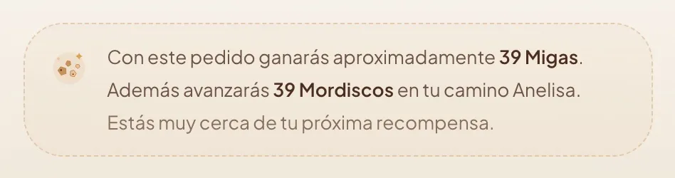 Estimación en el checkout: cuántas Migas ganarás y cuántos Mordiscos avanzarás con el pedido