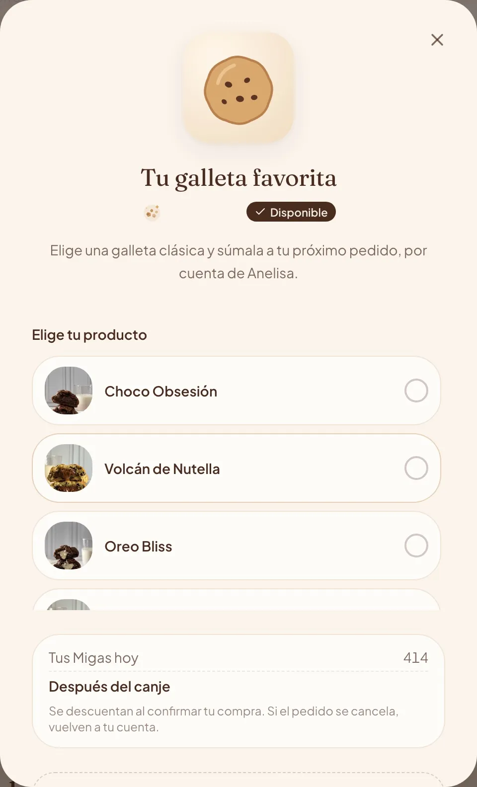 Detalle de la recompensa Tu galleta favorita, donde eliges el sabor antes de canjear