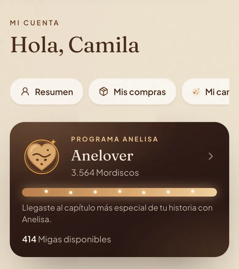 Tarjeta del Programa Anelisa en el resumen de Mi cuenta, vista desde el celular